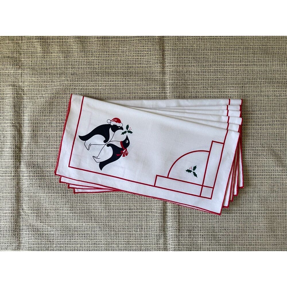Vintage Christmas Penguin Linen Napkins Set of 6 Red White Holiday Table Decor